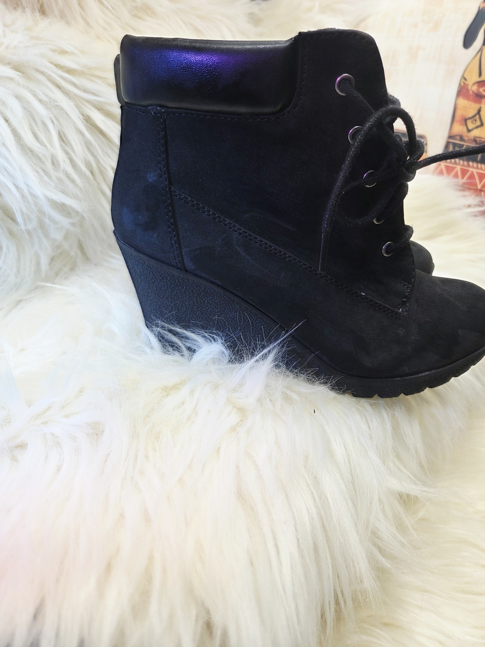MIA Black Lace-Up Wedge Ankle Boots